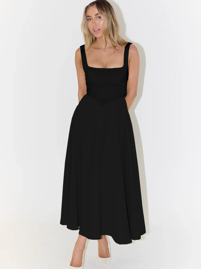 Women's Tailored Midi Dress with Square Neckline — Elegant Summer Wedding Guest Dress & Garden Party Outfit | Koossa