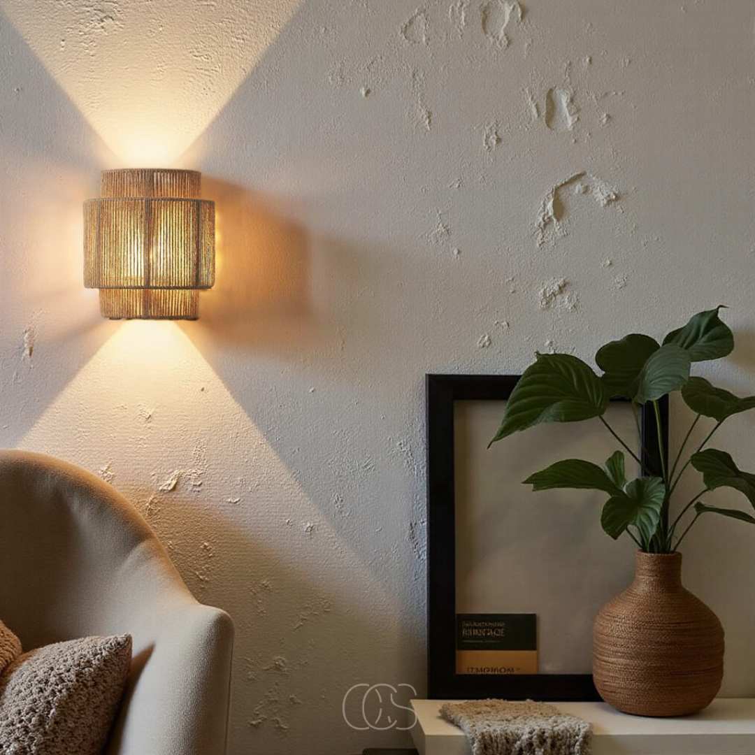 Applique murale en rotin tressé esprit bohème avec jeu d'ombres douces idéale pour chambre cosy et salon | Koossa