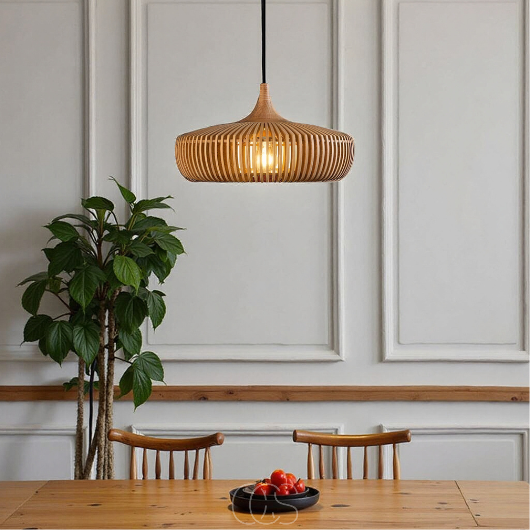 Suspension en bois naturel style Japandi épuré pour salle à manger salon chambre ambiance chaleureuse | Koossa