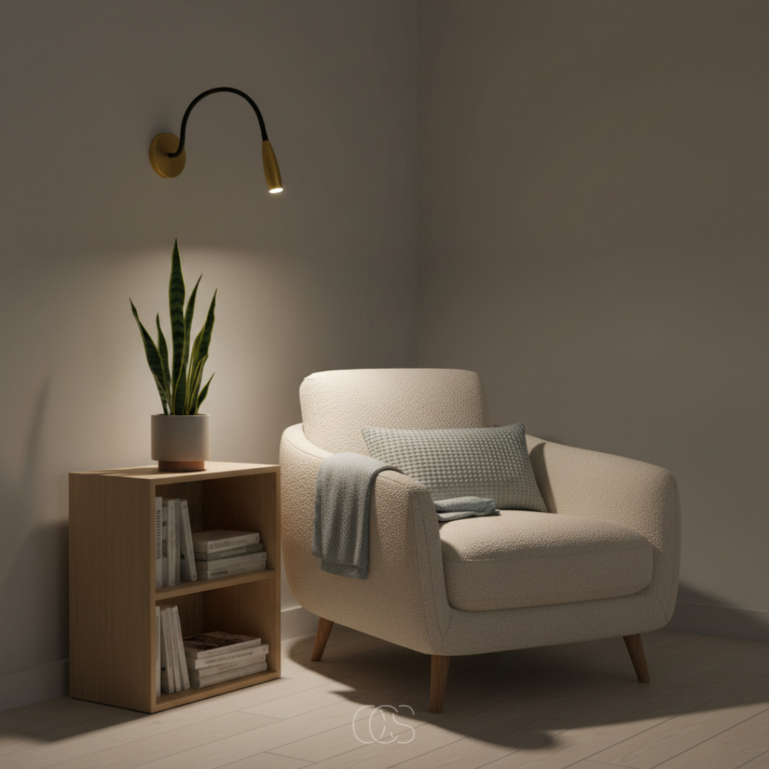 Applique liseuse LED orientable en métal doré pour chevet et fauteuil de lecture avec bras flexible et éclairage | Koossa