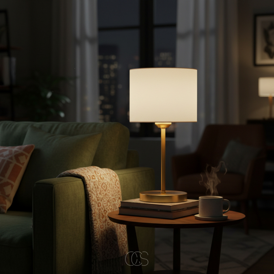 Lampe à poser moderne textile et métal doré pour bureau chambre salon ambiance chaleureuse élégante design E27 | Koossa