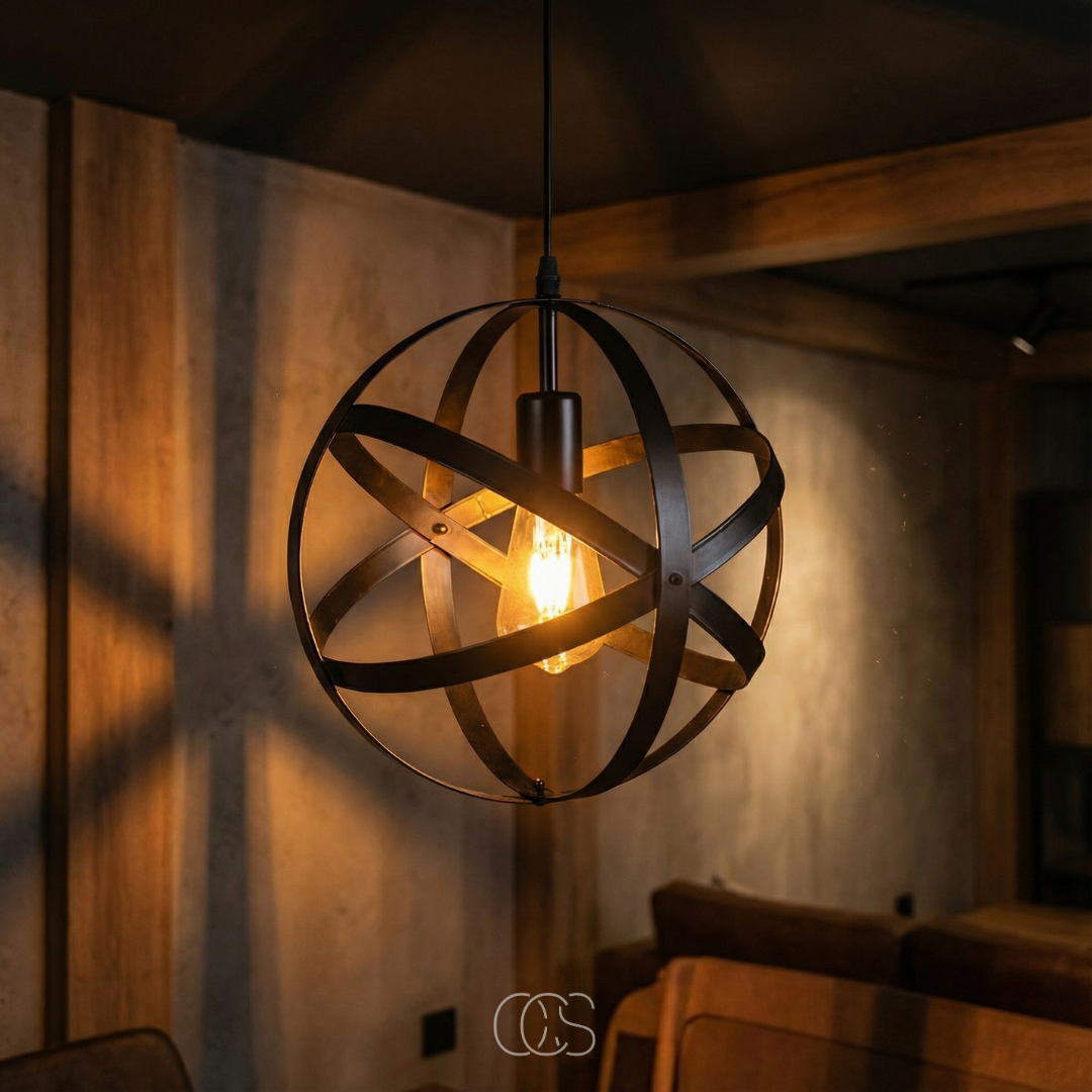Suspension industrielle en métal noir ajouré Ø 30 cm pour salle à manger cuisine luminaire style loft | Koossa