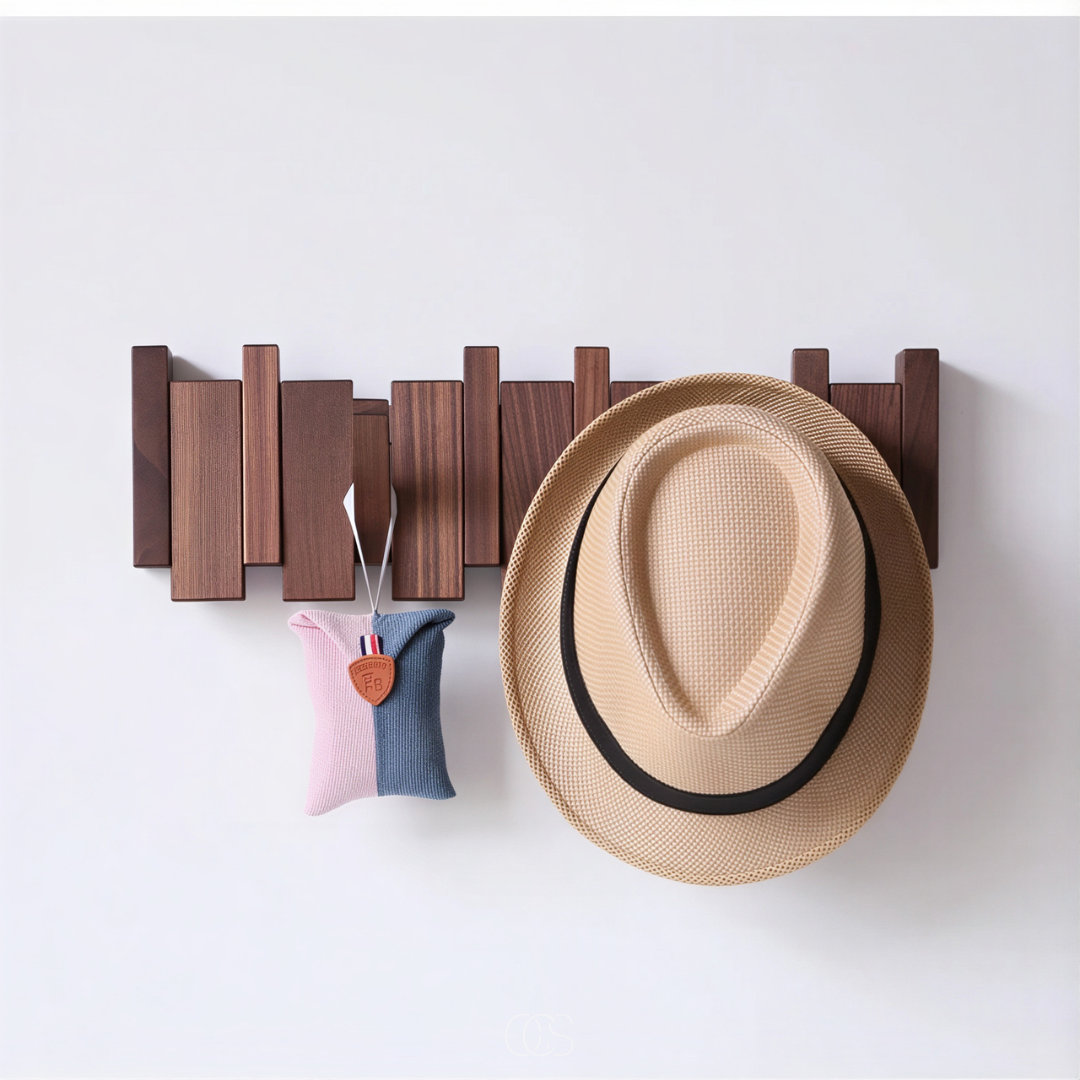 Patère murale en chêne massif à crochets rabattables design moderne élégant pour entrée chambre et couloir | Koossa