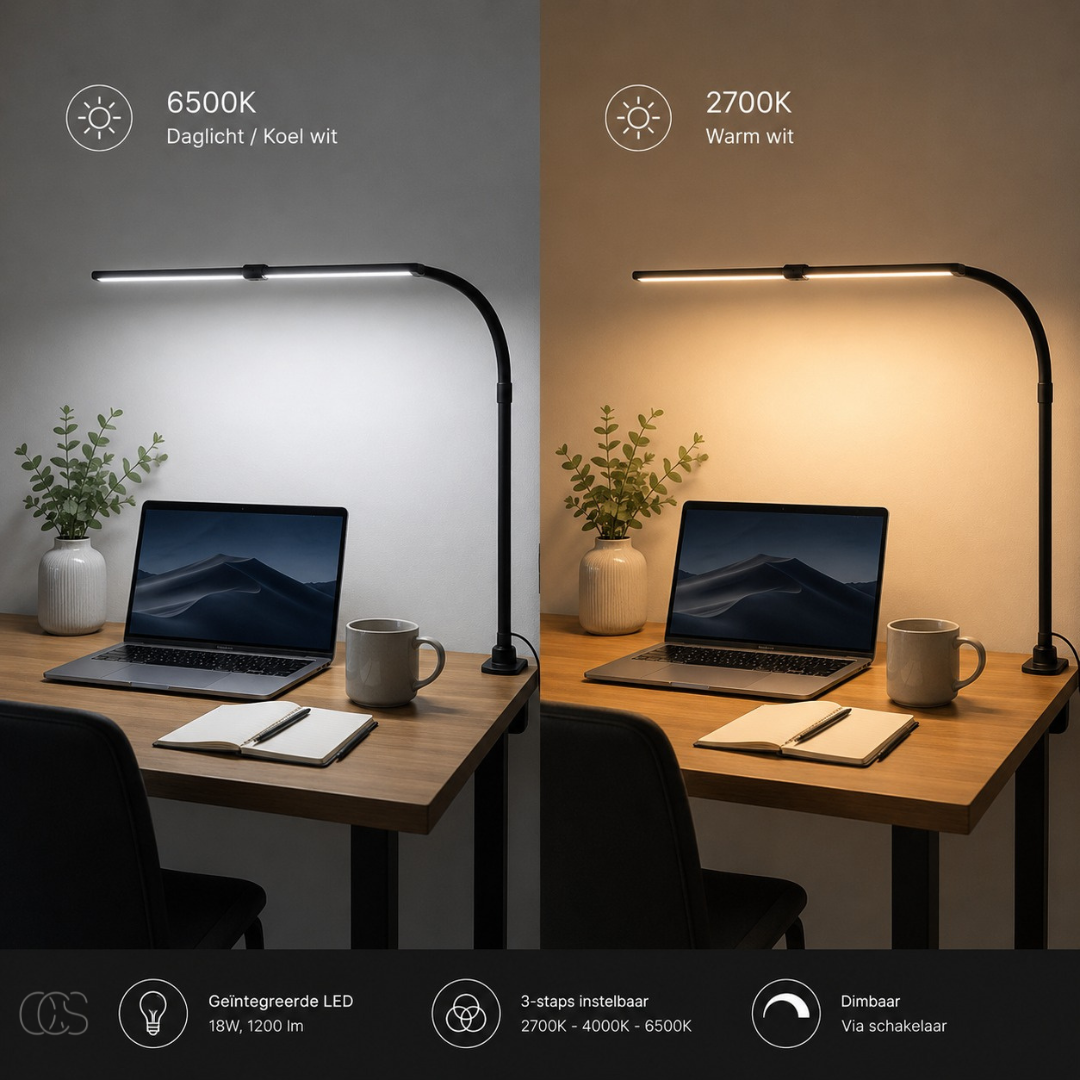 Lampe de bureau LED à pince articulée avec variateur tactile 3 températures de lumière réglables pour travail | Koossa