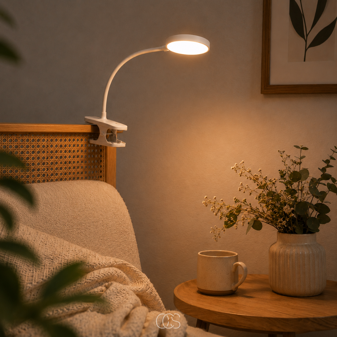 Lampe à pince rechargeable col flexible 360° sans fil LED blanc lumière lecture bureau chevet nomade portable | Koossa