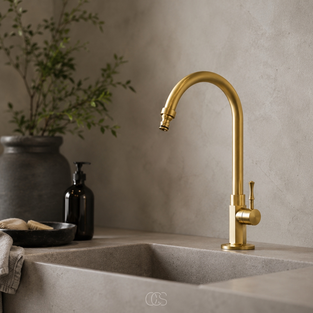 Mitigeur de cuisine rétro pivotant en laiton patiné avec bec haut pour évier encastré style vintage classique | Koossa