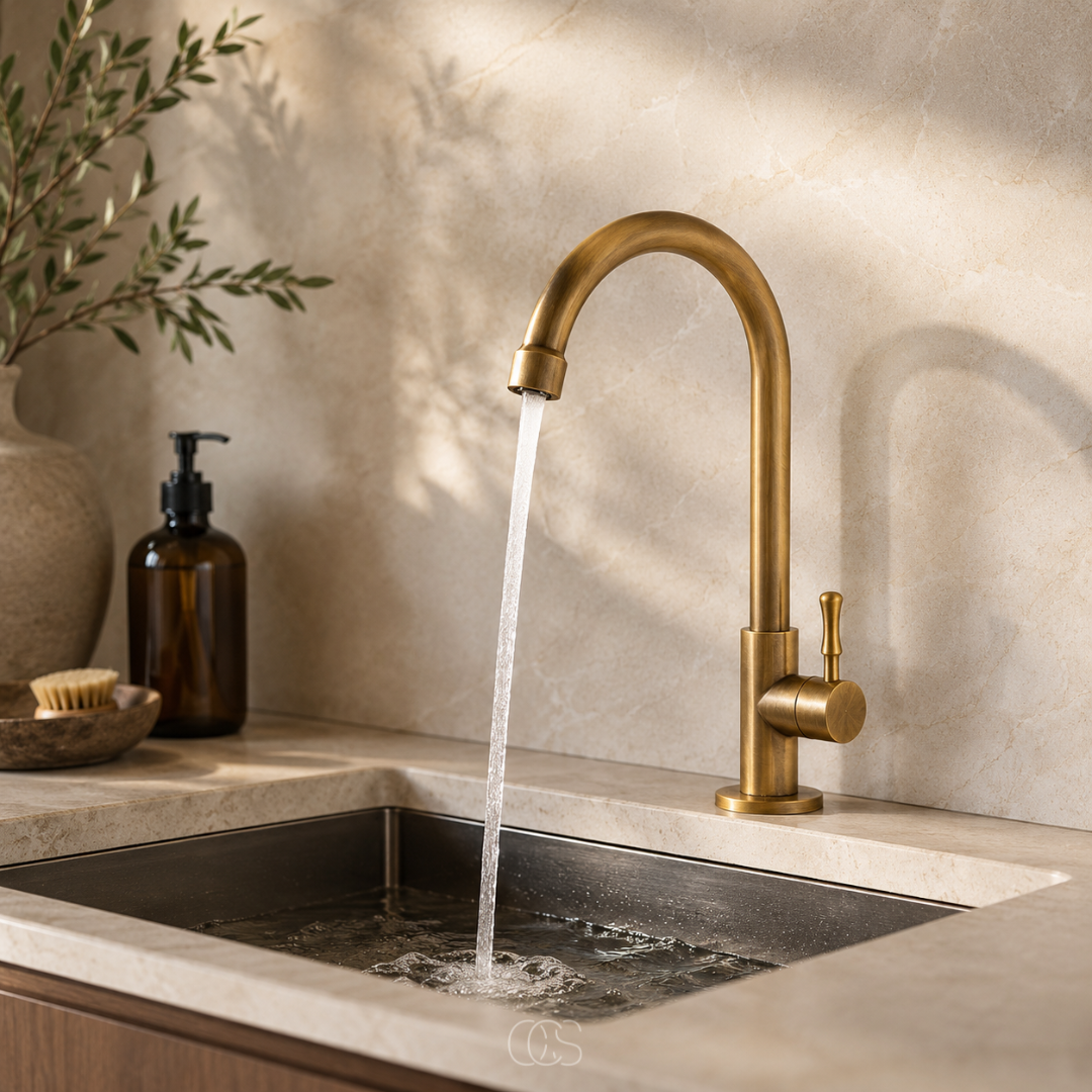 Mitigeur de cuisine rétro pivotant en laiton patiné avec bec haut pour évier encastré style vintage classique | Koossa