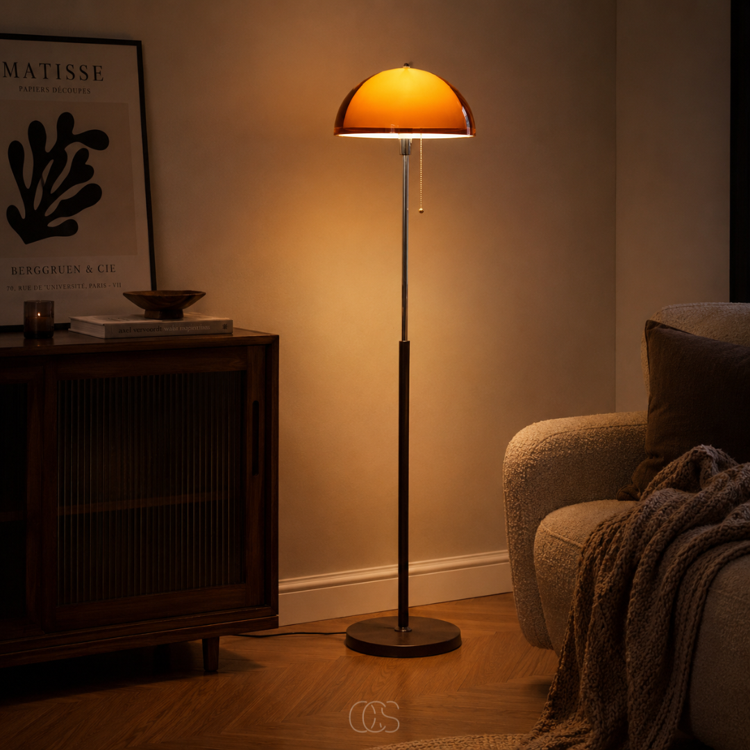 Lampadaire champignon vintage avec interrupteur à cordon en métal chromé et bois massif pour salon ou chambre | Koossa