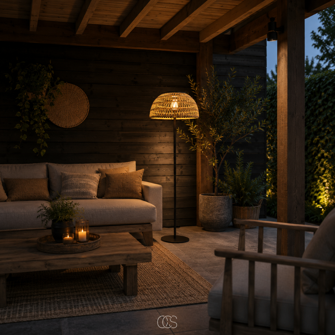Lampadaire solaire tressé rotin effet naturel 129 cm sans fil rechargeable pour jardin terrasse balcon extérieur | Koossa