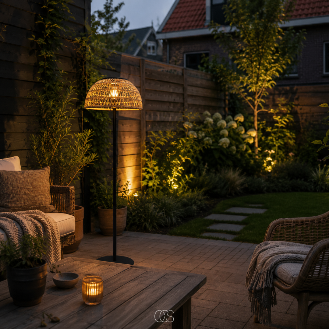 Lampadaire solaire tressé rotin effet naturel 129 cm sans fil rechargeable pour jardin terrasse balcon extérieur | Koossa