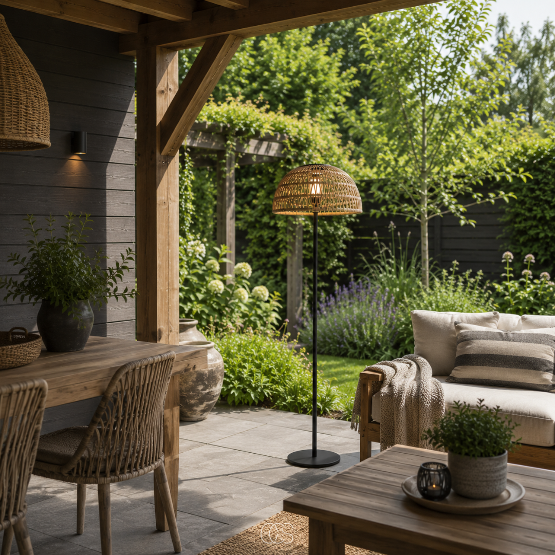 Lampadaire solaire tressé rotin effet naturel 129 cm sans fil rechargeable pour jardin terrasse balcon extérieur | Koossa
