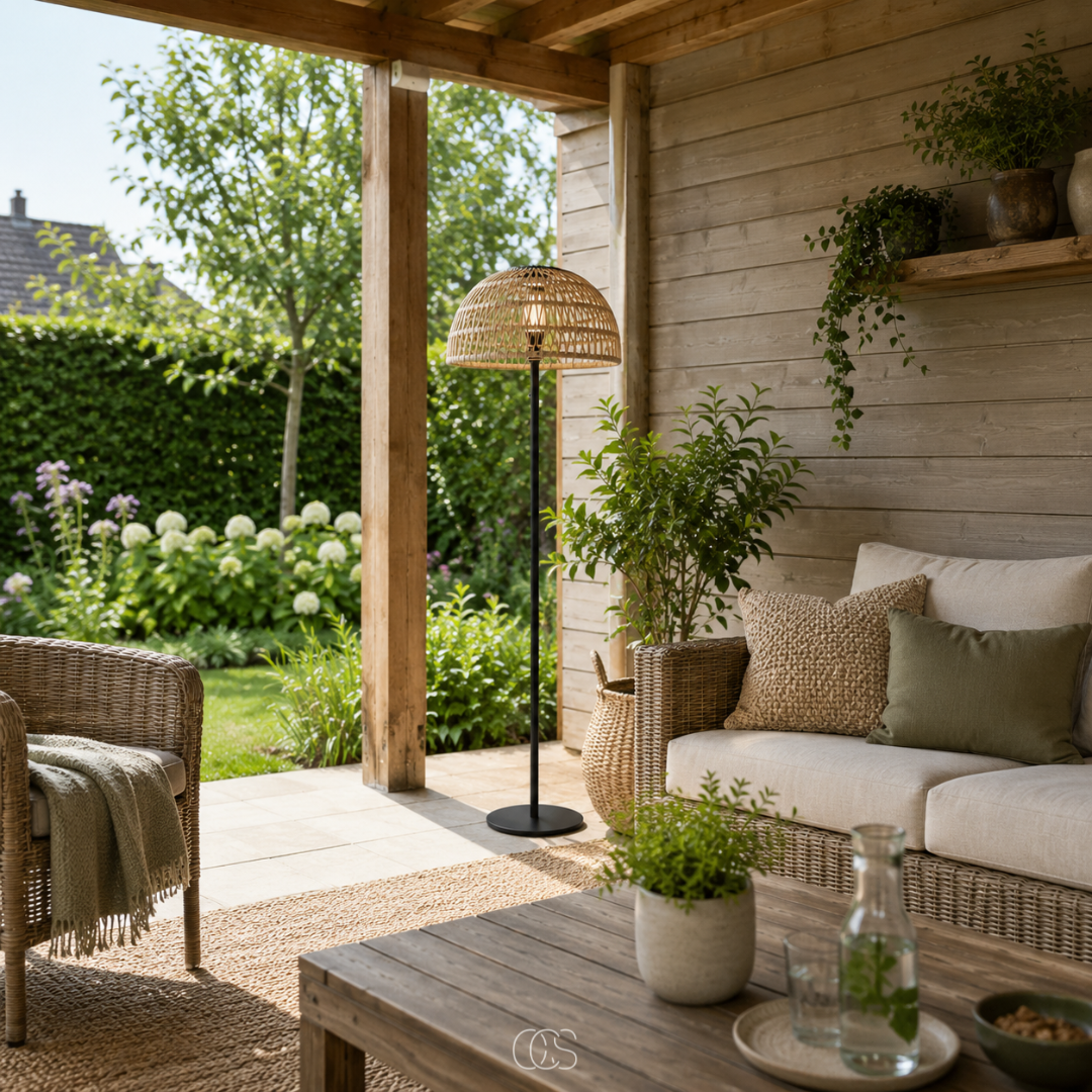 Lampadaire solaire tressé rotin effet naturel 129 cm sans fil rechargeable pour jardin terrasse balcon extérieur | Koossa