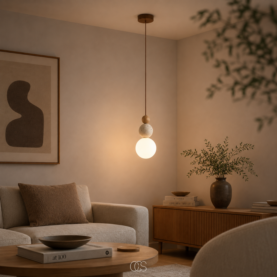 Suspension globe en travertin et verre soufflé pour éclairage d'ambiance minimaliste style Japandi contemporain | Koossa