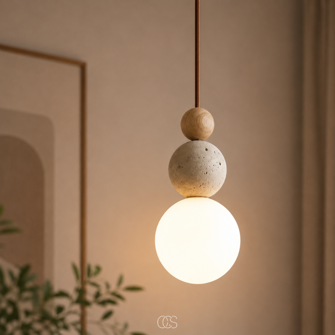 Suspension globe en travertin et verre soufflé pour éclairage d'ambiance minimaliste style Japandi contemporain | Koossa