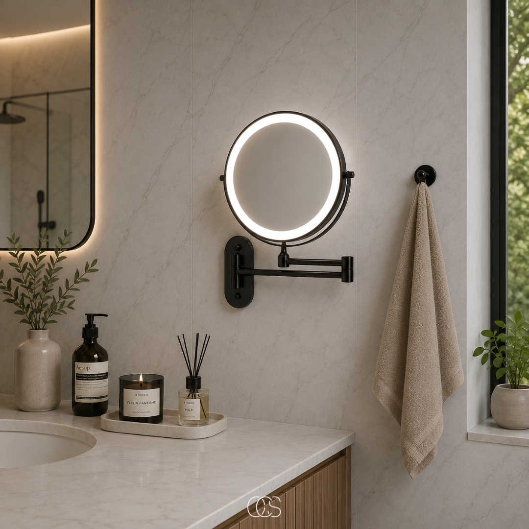 Miroir grossissant mural LED rechargeable pivotant 360° pour salle de bains et beauté en acier argenté | Koossa