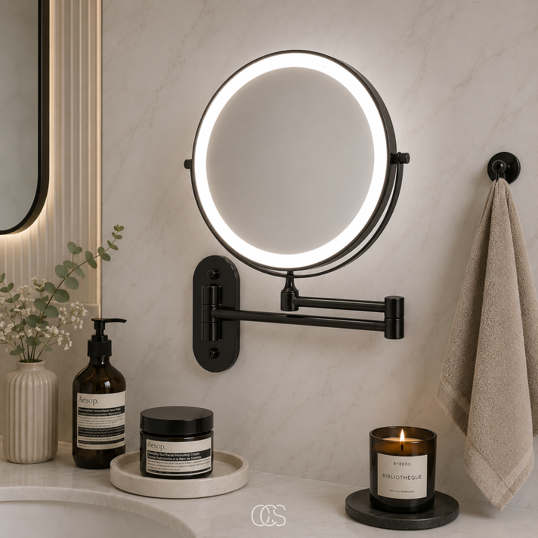 Miroir grossissant mural LED rechargeable pivotant 360° pour salle de bains et beauté en acier argenté | Koossa
