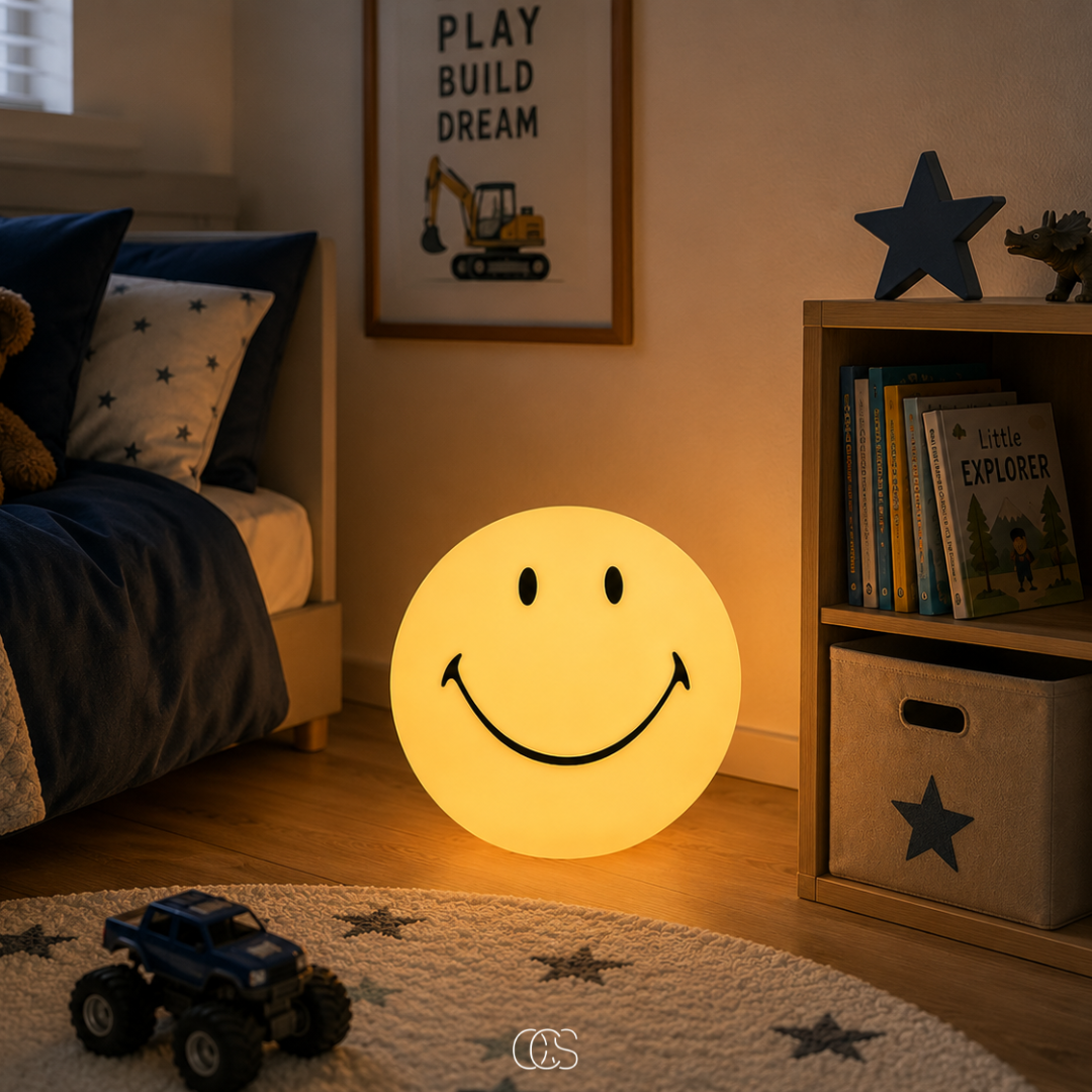 Lampe d'ambiance LED Smiley jaune dimmable pour chambre d'enfant, salon et décoration intérieure joyeuse | Koossa