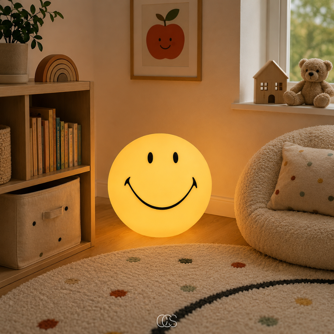 Lampe d'ambiance LED Smiley jaune dimmable pour chambre d'enfant, salon et décoration intérieure joyeuse | Koossa