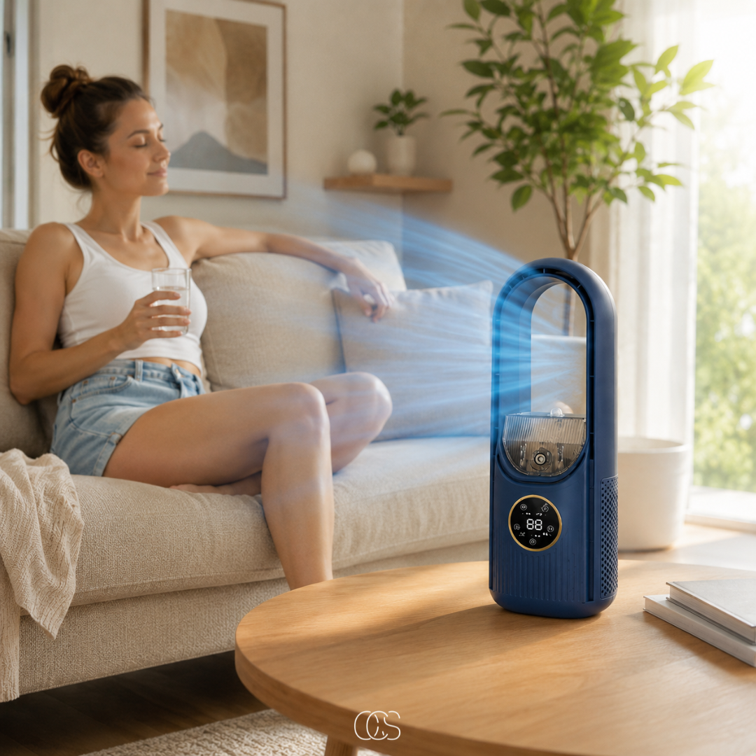 Rafraîchisseur d'air USB sans pales avec brumisateur 6 vitesses minuteur pour bureau chambre maison silencieux | Koossa