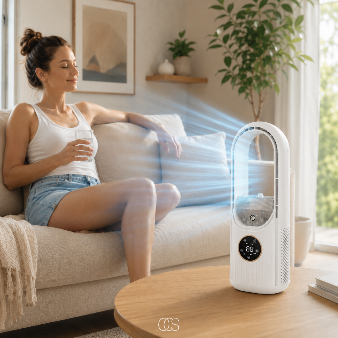 Rafraîchisseur d'air USB sans pales avec brumisateur 6 vitesses minuteur pour bureau chambre maison silencieux | Koossa