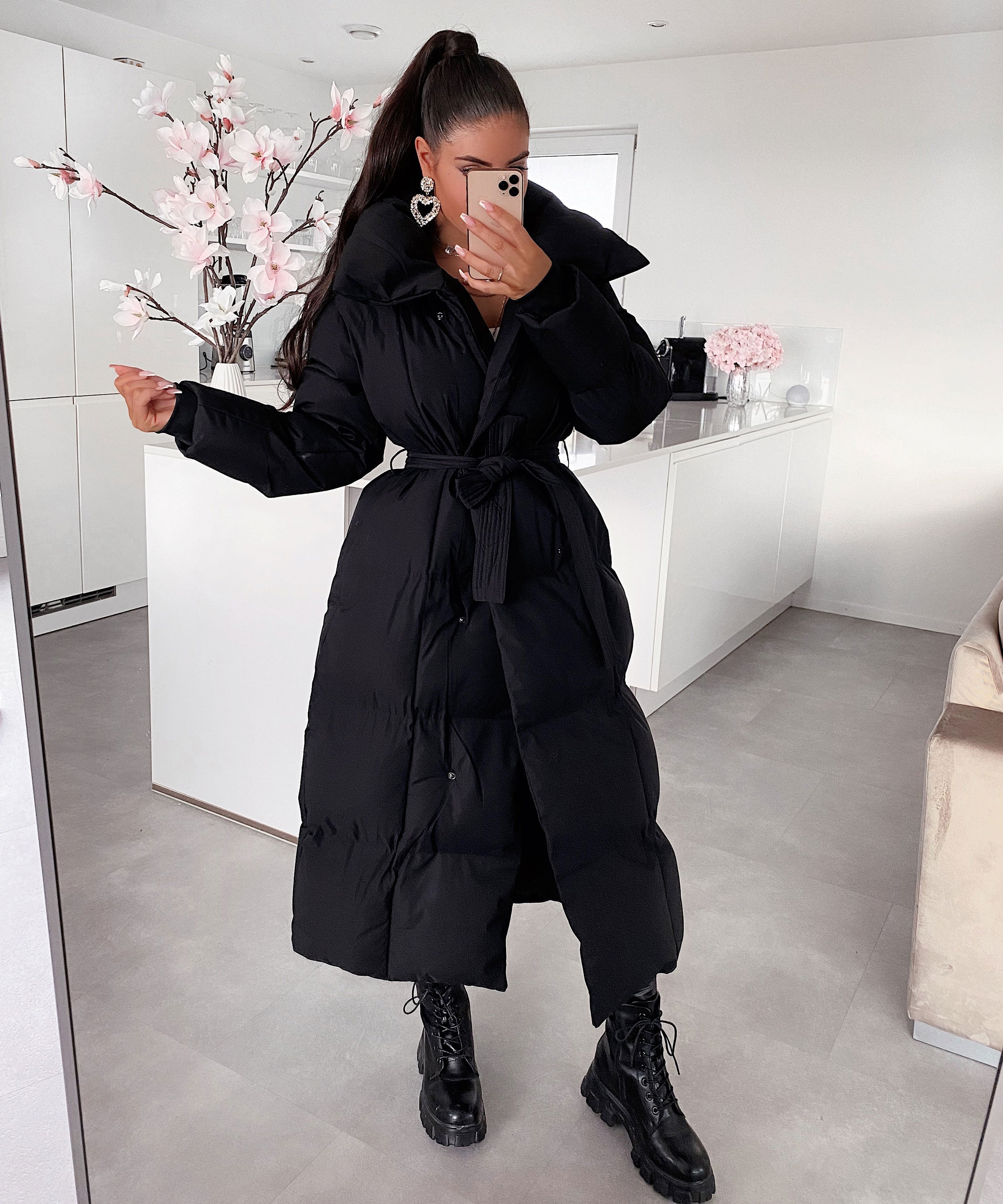 Women's Black Maxi Puffer Coat with Belt — Elegant Long Winter Jacket for Cold Weather & Everyday Style | Koossa