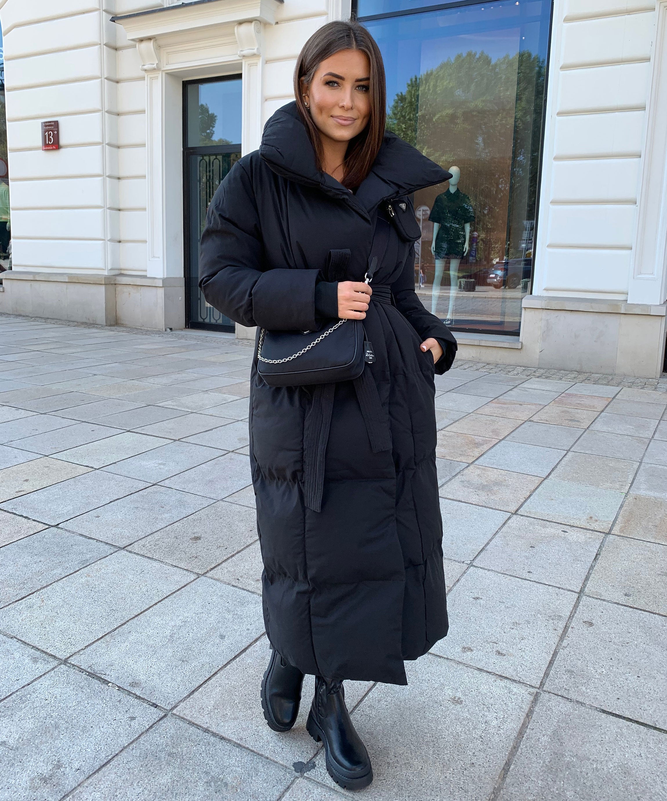 Women's Black Maxi Puffer Coat with Belt — Elegant Long Winter Jacket for Cold Weather & Everyday Style | Koossa