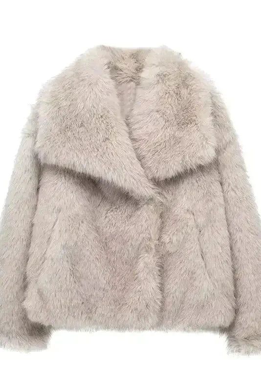 Oversized Faux Fur Coat Beige Grey Black Wide Lapel Winter Outerwear Textured Plush Finish Relaxed Silhouette Statement Layering Piece | Koossa