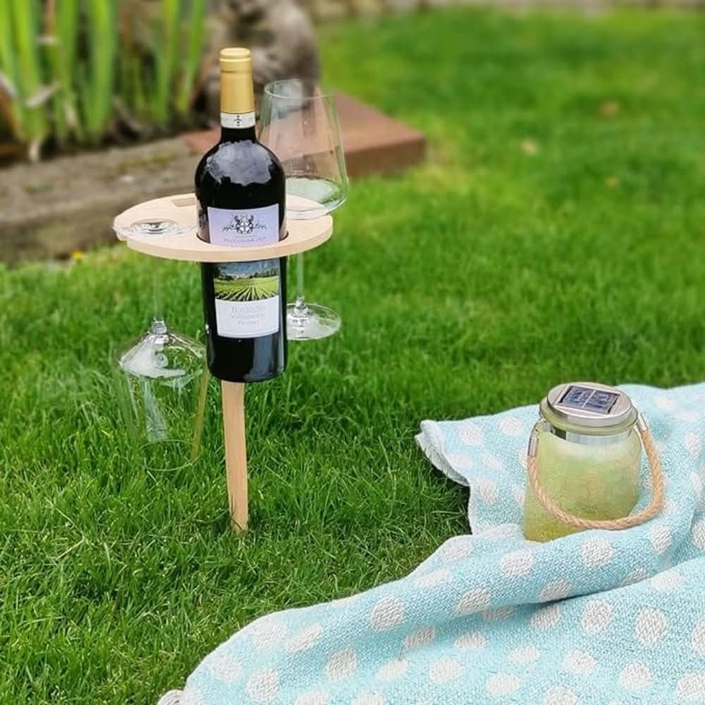 Table à vin portable pour pique-nique extérieur avec support bouteille et verres stabilisés terrasse jardin | Koossa