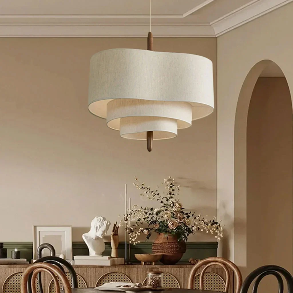 Suspension luminaire textile style zen bois métal éclairage diffus pour salle à manger chambre salon ambiance | Koossa