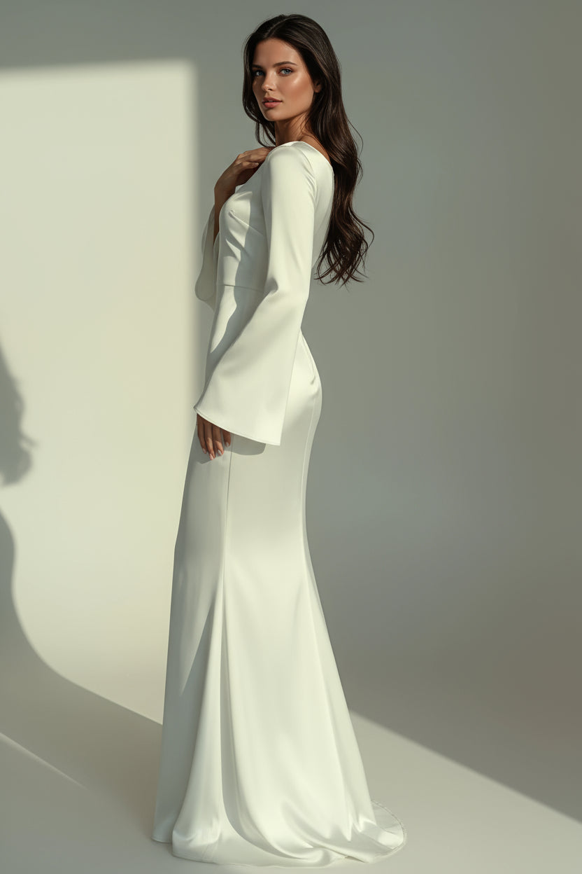 Floor-Length Evening Gown with Flared Cuffs – White, Brown, Deep Red, Black – Fitted Waist Maxi Dress for Formal Occasions and Weddings | Koossa
