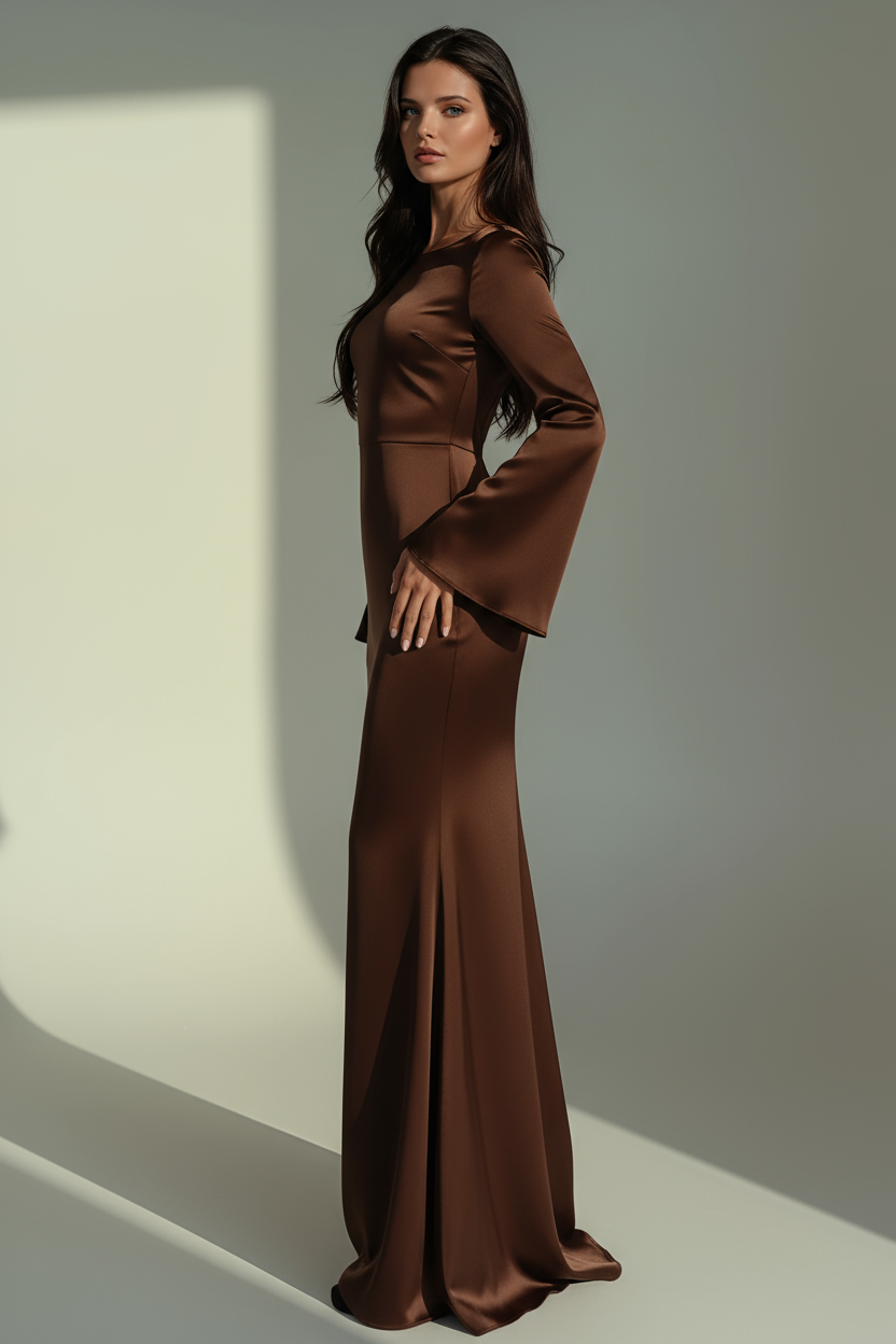 Floor-Length Evening Gown with Flared Cuffs – White, Brown, Deep Red, Black – Fitted Waist Maxi Dress for Formal Occasions and Weddings | Koossa