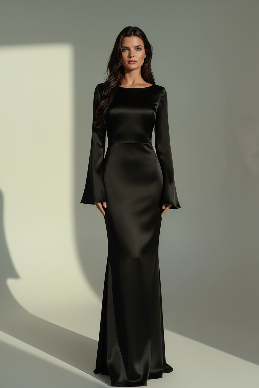 Floor-Length Evening Gown with Flared Cuffs – White, Brown, Deep Red, Black – Fitted Waist Maxi Dress for Formal Occasions and Weddings | Koossa