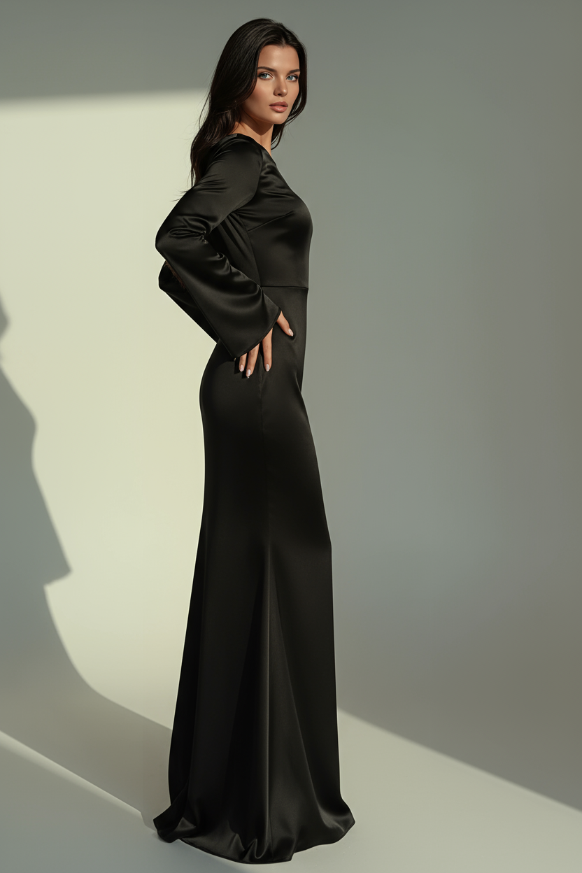 Floor-Length Evening Gown with Flared Cuffs – White, Brown, Deep Red, Black – Fitted Waist Maxi Dress for Formal Occasions and Weddings | Koossa