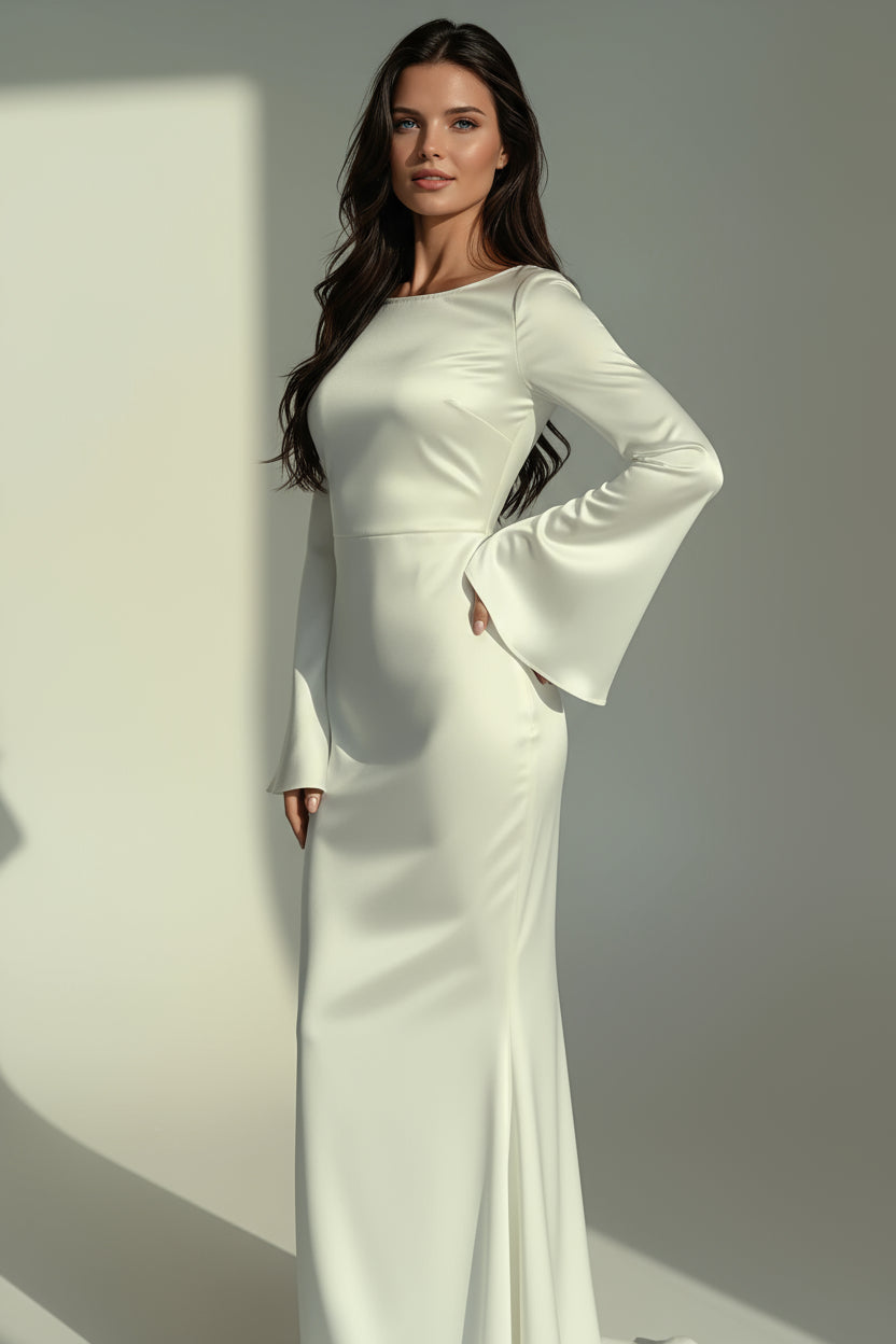 Floor-Length Evening Gown with Flared Cuffs – White, Brown, Deep Red, Black – Fitted Waist Maxi Dress for Formal Occasions and Weddings | Koossa
