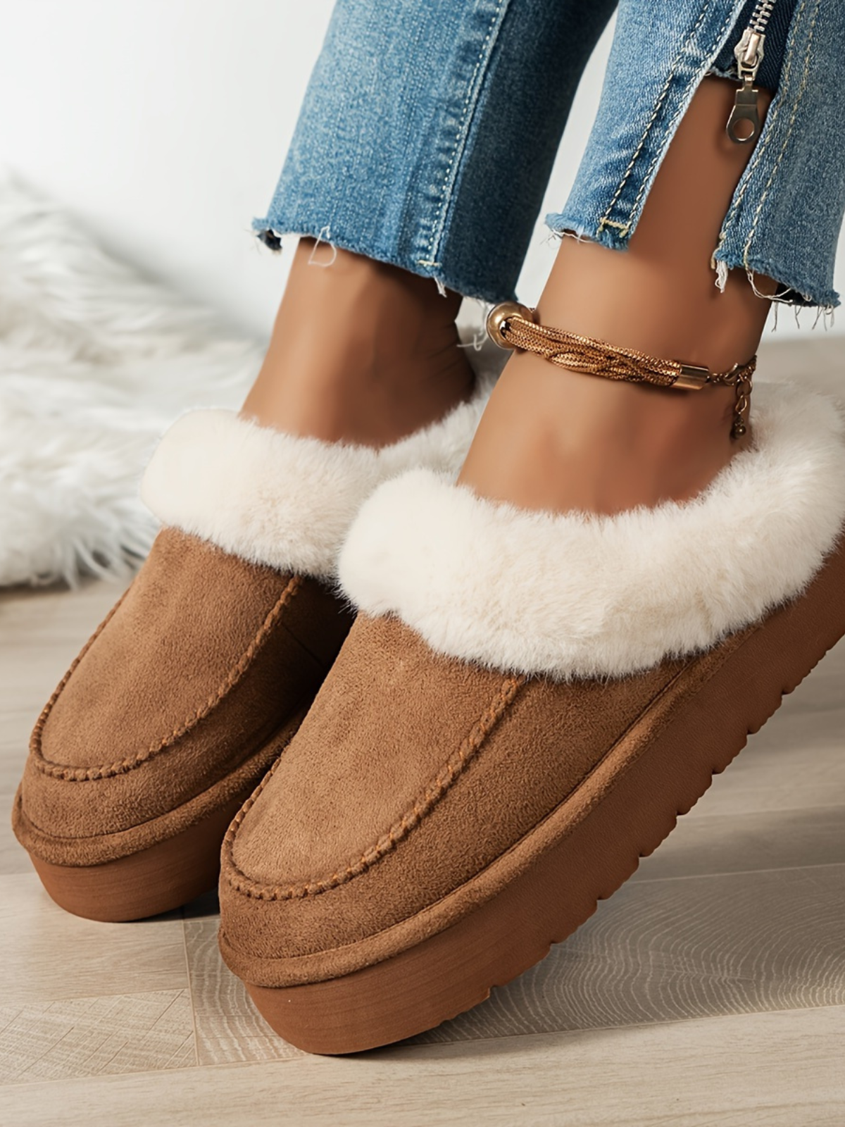 Women's Faux Fur Moccasin Slippers | Warm Indoor Outdoor Footwear in Black Brown Khaki | Cushioned Non-Slip Sole Winter House Shoes | Koossa