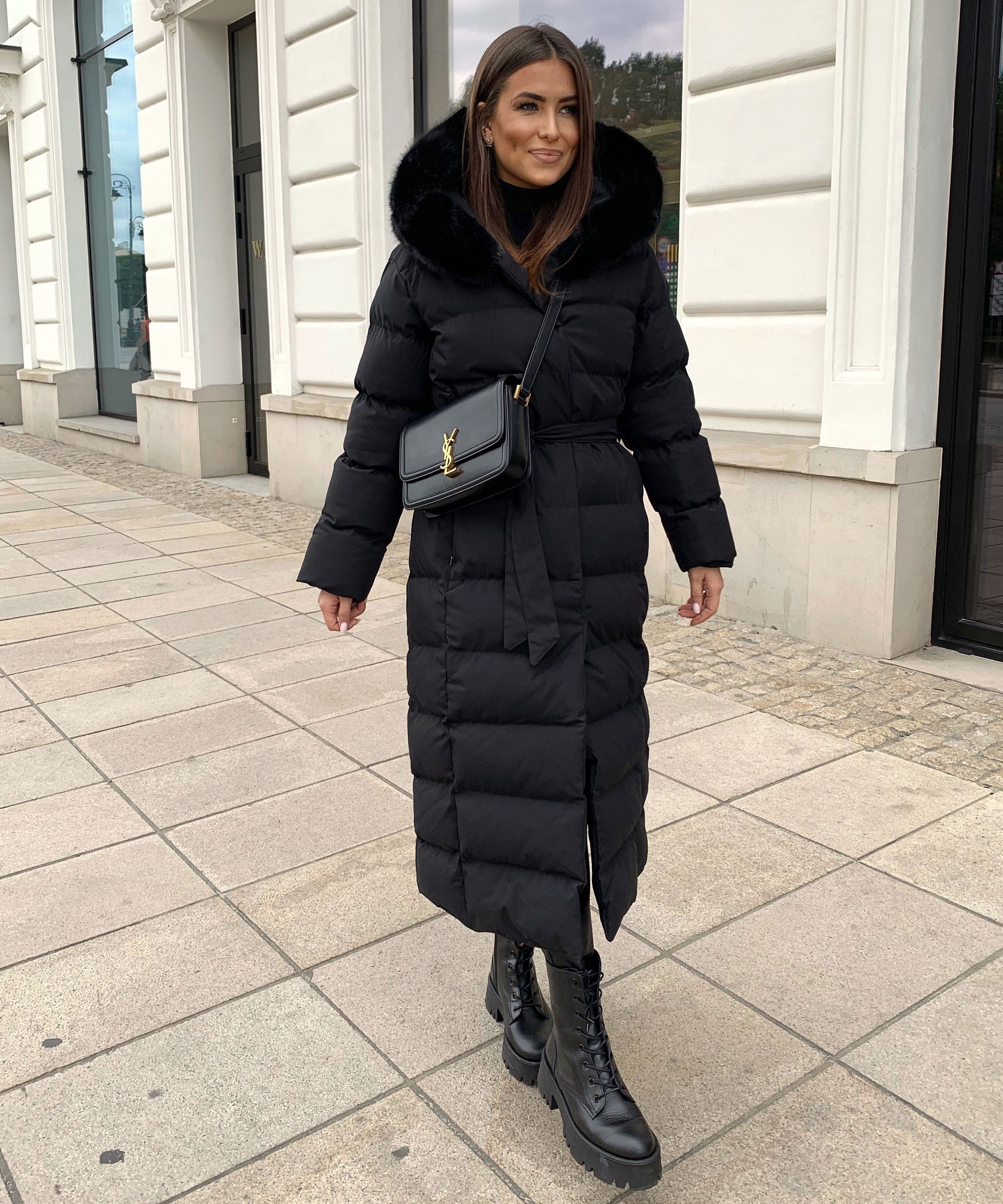 Women's Black Long Maxi Puffer Coat with Faux Fur Hood — Elegant Winter Jacket for Cold Weather & City Wear | Koossa