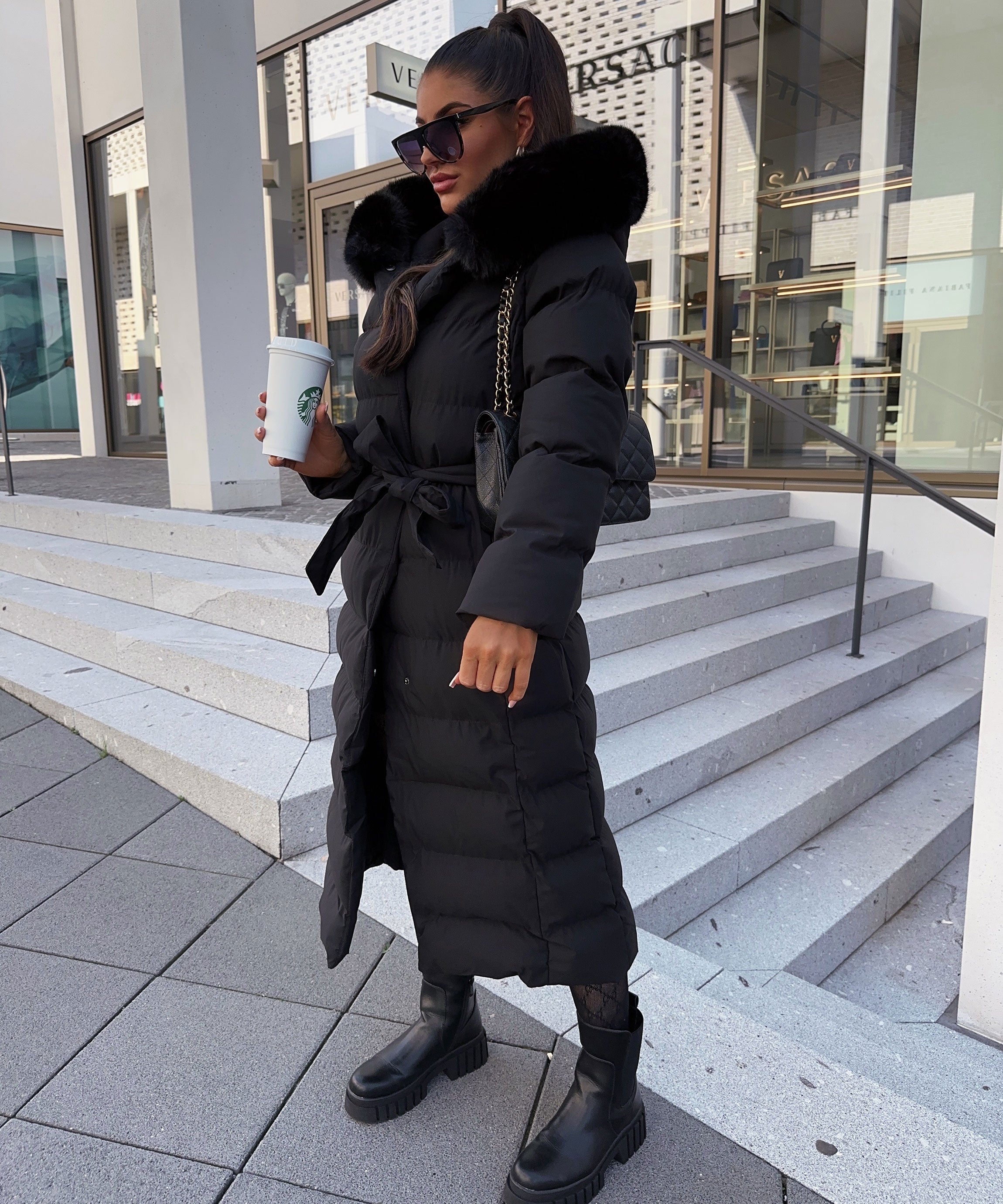 Women's Black Long Maxi Puffer Coat with Faux Fur Hood — Elegant Winter Jacket for Cold Weather & City Wear | Koossa