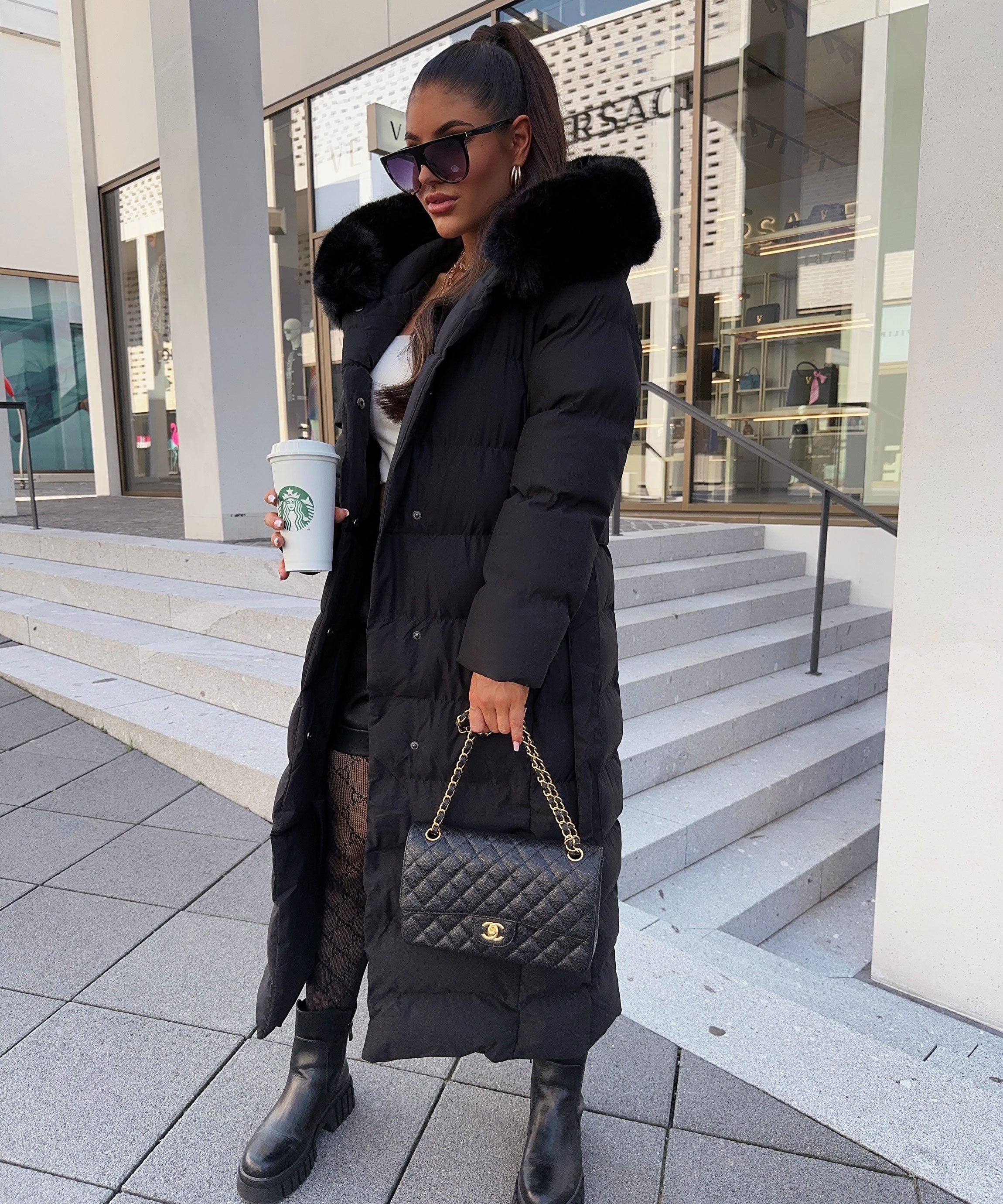 Women's Black Long Maxi Puffer Coat with Faux Fur Hood — Elegant Winter Jacket for Cold Weather & City Wear | Koossa