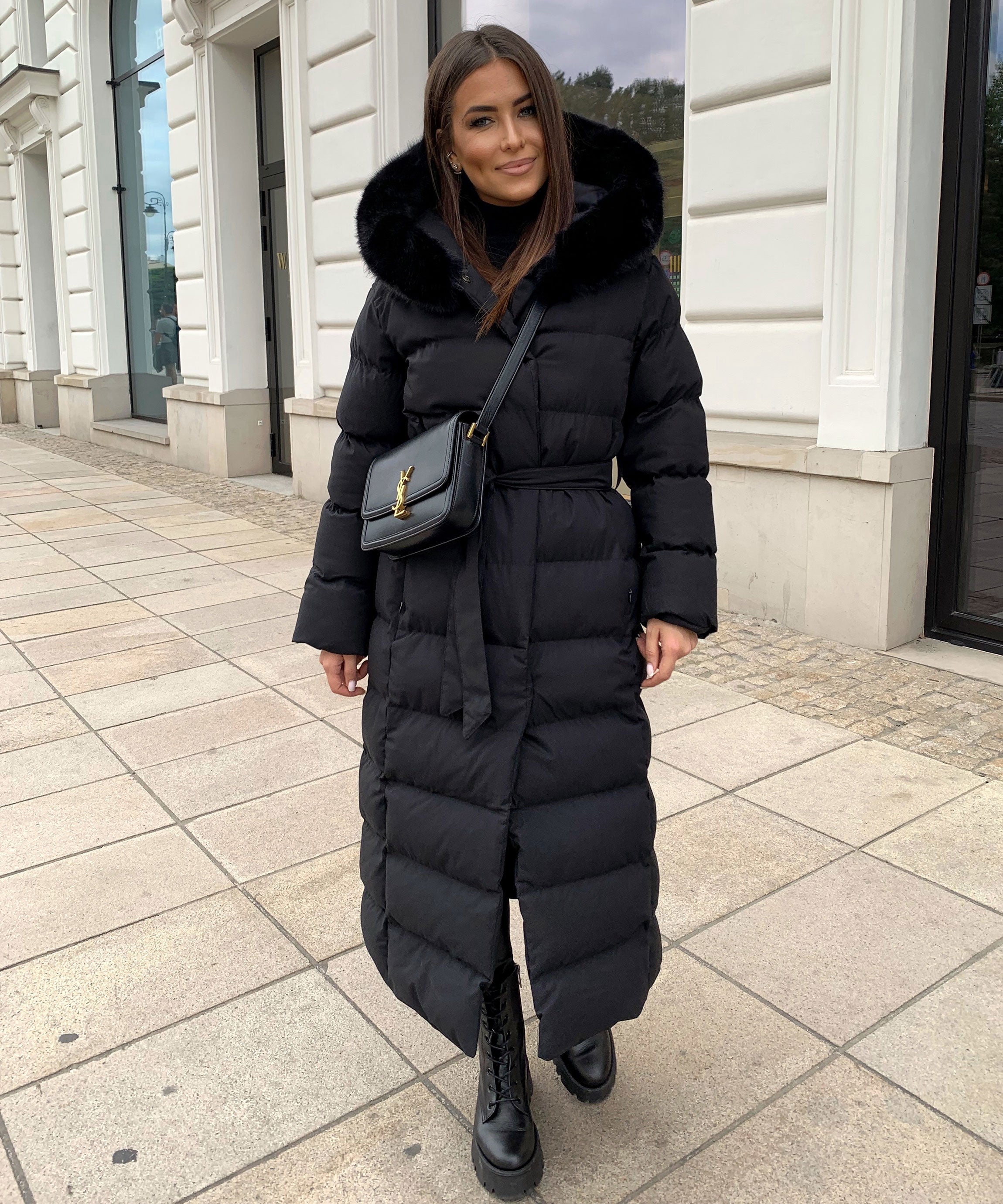 Women's Black Long Maxi Puffer Coat with Faux Fur Hood — Elegant Winter Jacket for Cold Weather & City Wear | Koossa