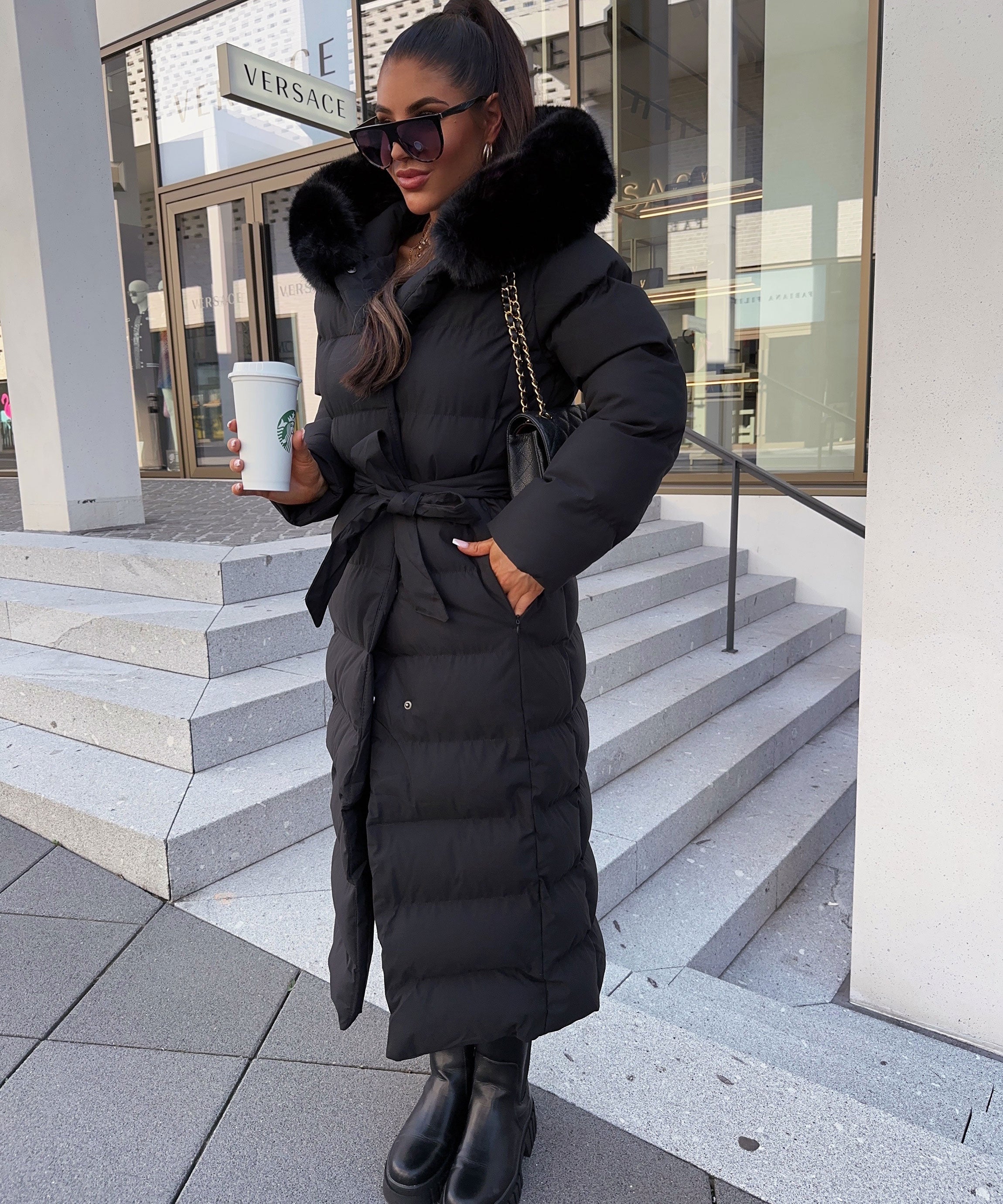 Women's Black Long Maxi Puffer Coat with Faux Fur Hood — Elegant Winter Jacket for Cold Weather & City Wear | Koossa