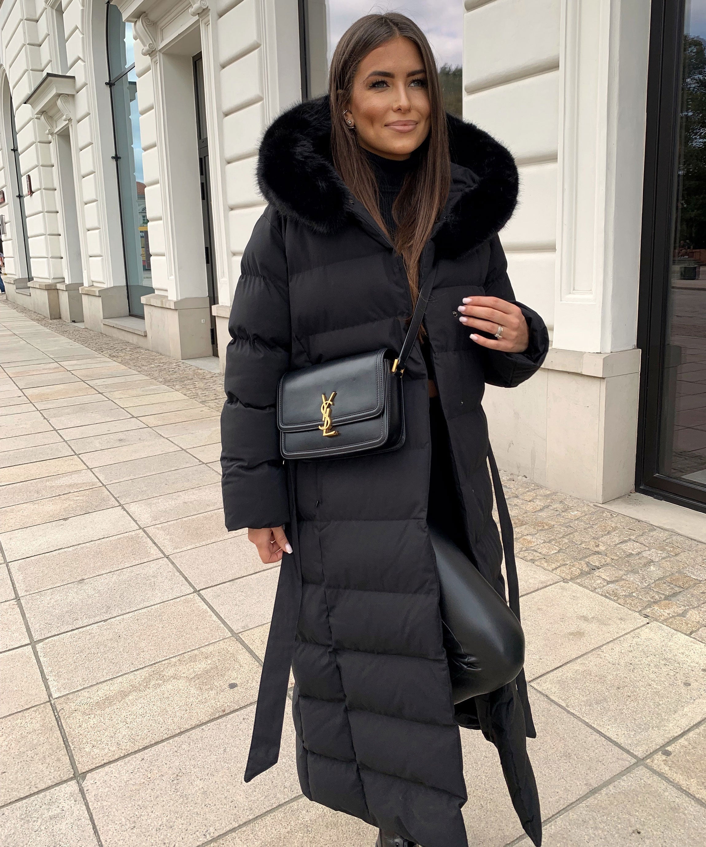 Women's Black Long Maxi Puffer Coat with Faux Fur Hood — Elegant Winter Jacket for Cold Weather & City Wear | Koossa