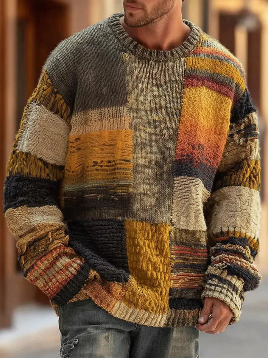 Men's Colorblock Crew Neck Sweater Thick Cable Knit Pullover Long Sleeve Casual Knitted Top for Fall Winter | Lonoma