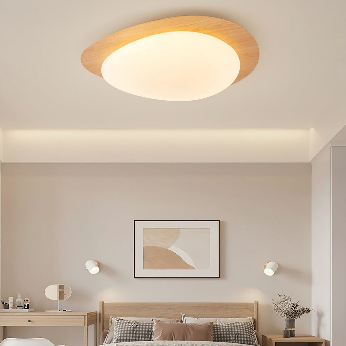 Flush Mount LED Ceiling Light Walnut Wood Finish Oval Pebble Shape for Bedroom Kitchen Hallway Dining Room Living Room | Lonoma
