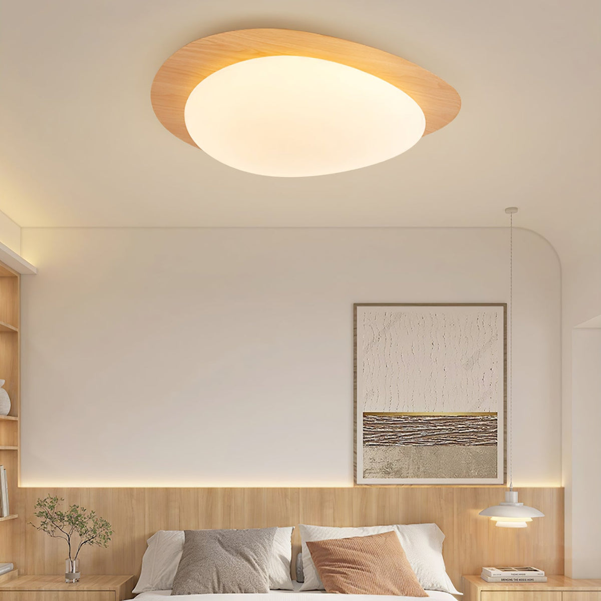 Flush Mount LED Ceiling Light Walnut Wood Finish Oval Pebble Shape for Bedroom Kitchen Hallway Dining Room Living Room | Lonoma