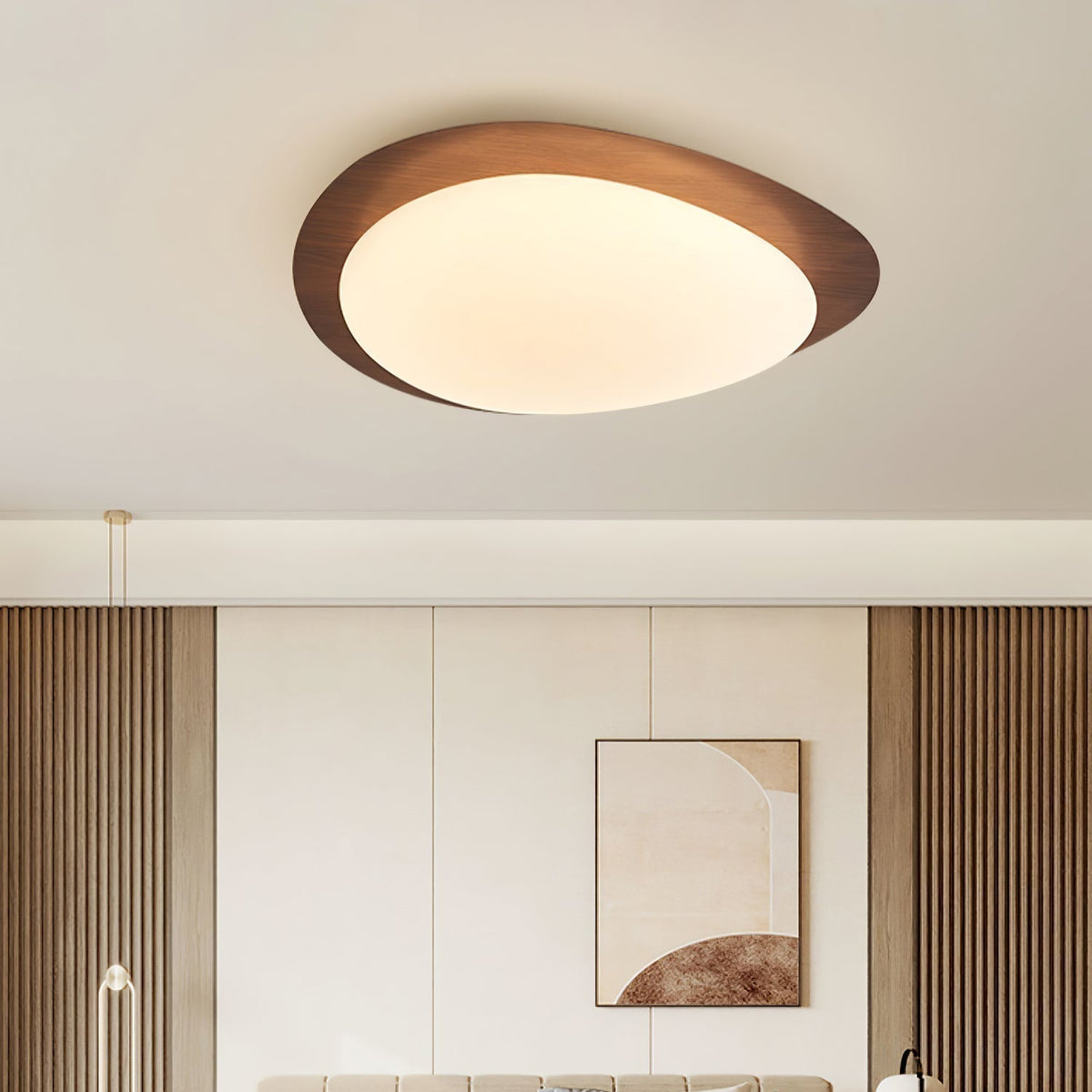 Flush Mount LED Ceiling Light Walnut Wood Finish Oval Pebble Shape for Bedroom Kitchen Hallway Dining Room Living Room | Lonoma