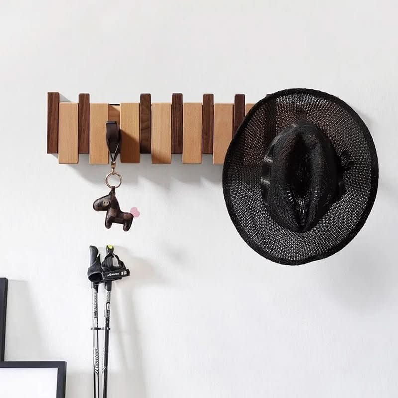 Patère murale en bois massif design piano avec crochets escamotables faits main pour entrée et couloir élégants | Koossa