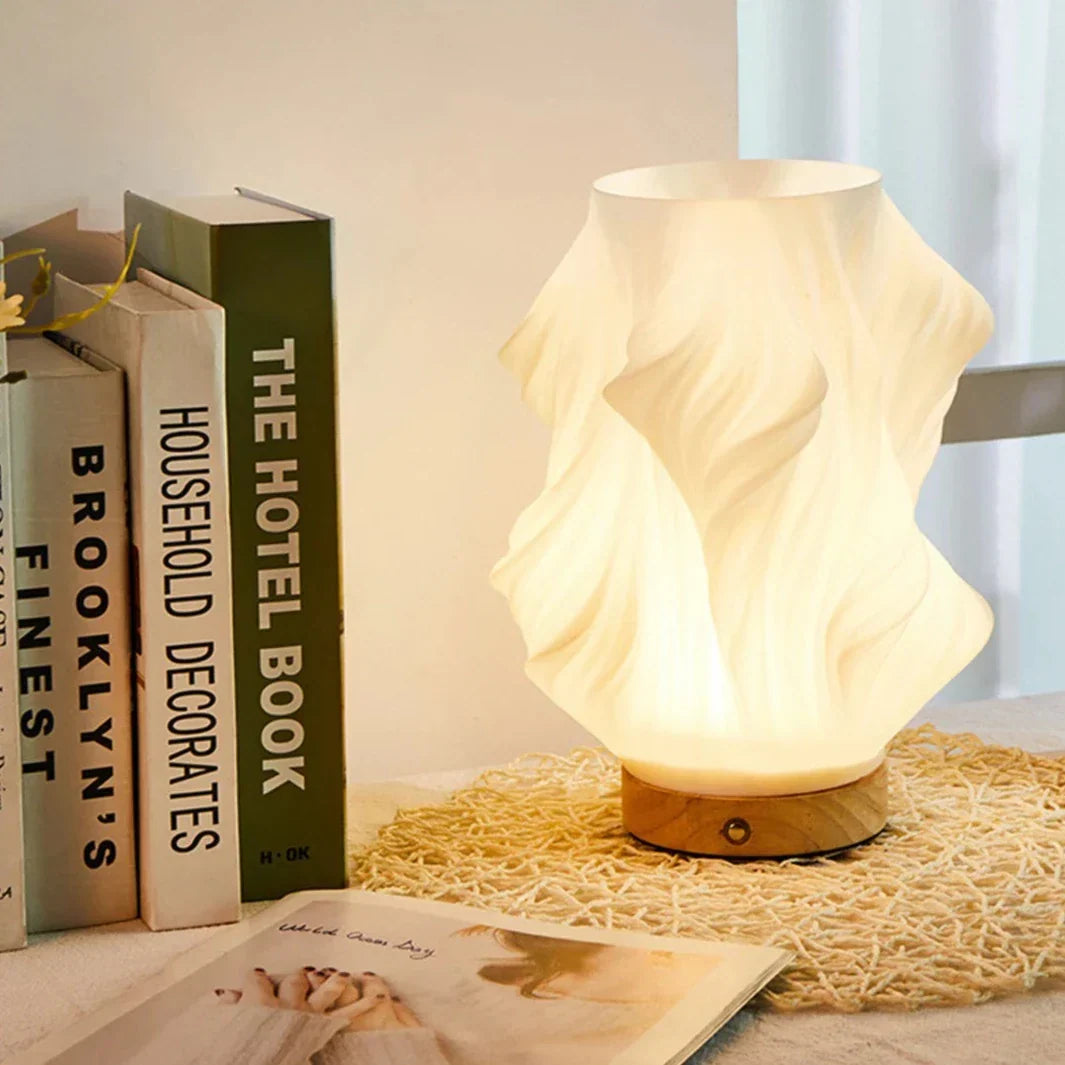 Sculptural Glass Table Lamp with Wave Cloud Swirl Shade Dimmable E14 LED Iron Base for Bedside Living Room Nightstand | Lonoma