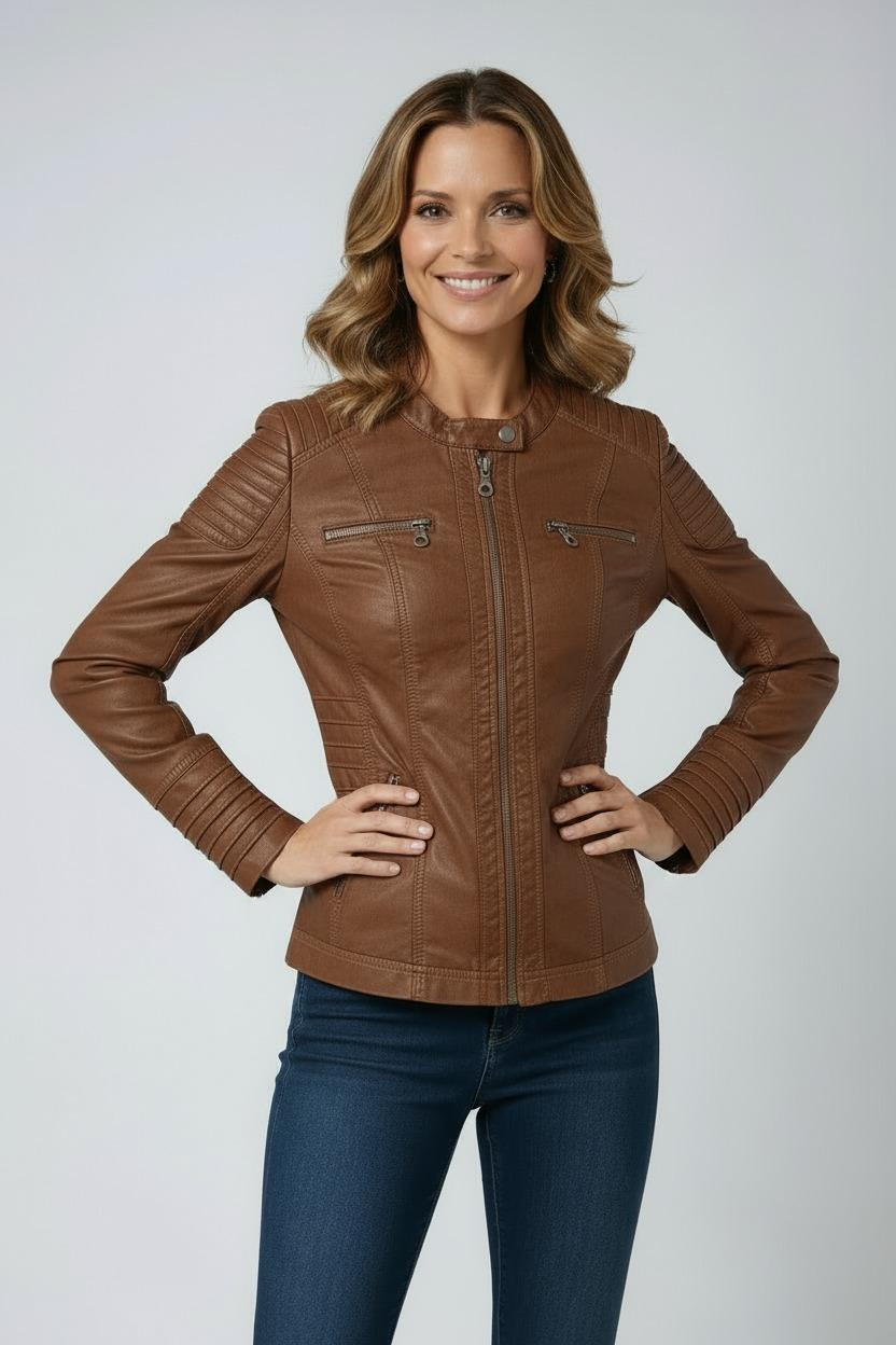 Women's Hooded Leather Jacket with Zip Front in Brown, Black & Dark Brown – Tailored Fit Outerwear for Smart-Casual Occasions | Koossa