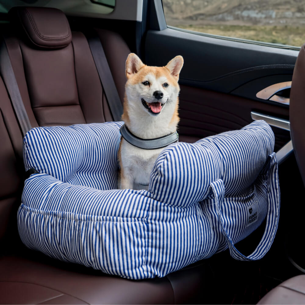 Dog Car Seat Bed Padded Cotton Blue White Striped Medium Large Booster Travel Carrier Washable Safety Pet Seat | Koossa