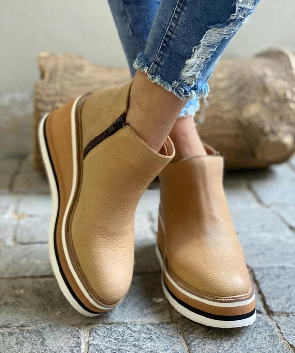 Wedge Ankle Boots with Side Zip in Khaki, Black, Beige, Brown & Royal Blue | Casual Platform Footwear for Weekend Styling | Koossa